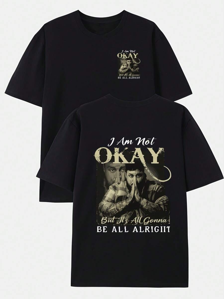 No soy perfecto, pero todo estará bien" Camiseta de moda para hombre con estampado de doble cara, adecuada para uso diario en el hogar y salidas informales, también para actividades físicas - Negro - Ver 1