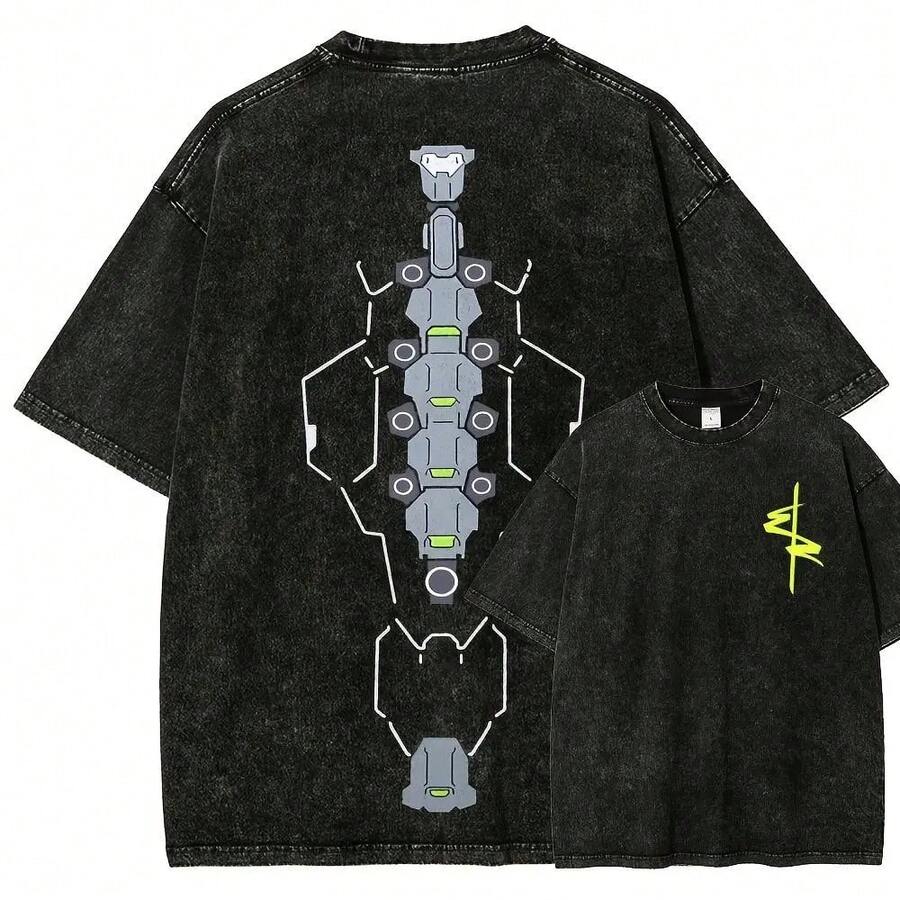 Camiseta Vintage Cyberpunk para Hombre, Manga Corta, Estilo Casual Urbano, Corte Unisex, Lavada, Paquete de 2, Regalo para el Día del Padre, Ropa Masculina - Negro - Ver 1