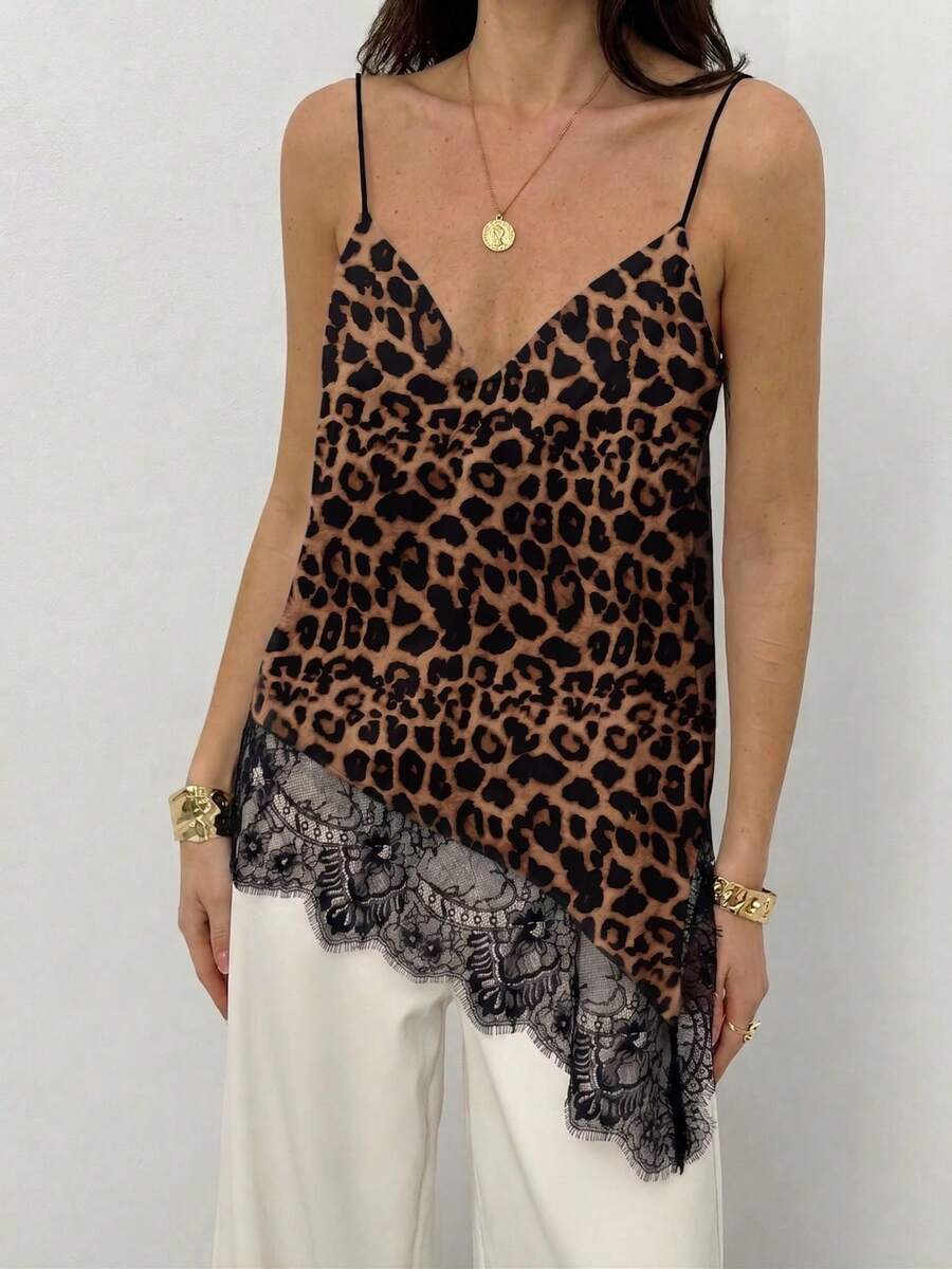 V-Neck Top With Irregular Lace Trim, Loose Camisole, New 2026 Style. - 咖啡色 - 查看 1