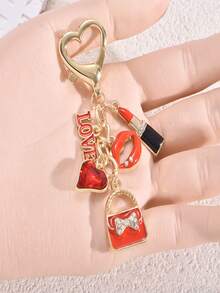 1pc Fashionable Red Keychain, Rhinestone-Encrusted Rhinoceros Pattern - Alloy Material, Paired With Letter Pendant And Heart Pendant, Perfect Back-To-School Gift For Her - Multicolor - View 4