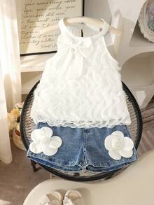 2pcs Setelan Anak Perempuan Gaya Putri Manis dengan Hiasan Pita Besar 3D, Atasan Tank Tanpa Lengan Model Halter Jala & Celana Pendek Denim Pinggang Elastis Berhiaskan Manik-manik dan Bunga, Musim Panas - Putih - View 1
