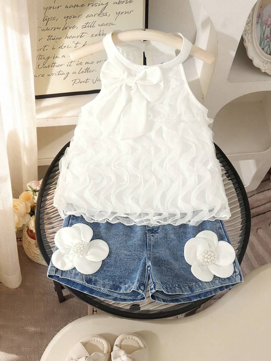 2pcs Setelan Anak Perempuan Gaya Putri Manis dengan Hiasan Pita Besar 3D, Atasan Tank Tanpa Lengan Model Halter Jala & Celana Pendek Denim Pinggang Elastis Berhiaskan Manik-manik dan Bunga, Musim Panas - Putih - View 1