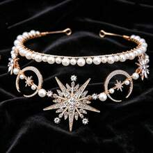 1pc Bridal Rhinestone Crown Pentagram Moon Tiara Faux Pearl Headpiece Party Evening Dress Decoration, Coronas - Multicolor - View 6