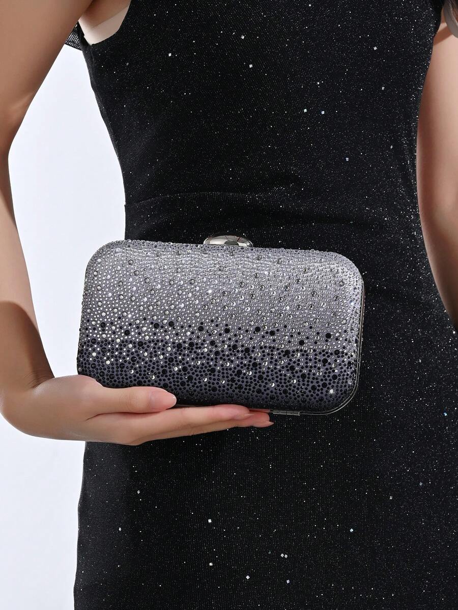 Bolso de noche con carcasa dura y brillo degradado con pedrería, adecuado para bodas, bailes de graduación, banquetes, fiestas de cóctel y celebraciones festivas, elegante para fiestas - Negro - Ver 1