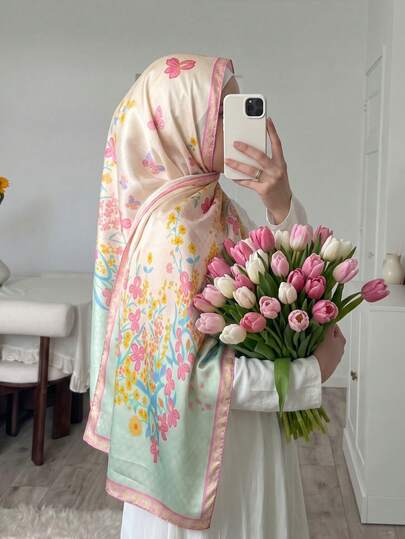 1 pièce Foulard hijab de mode de luxe imprimé, châle vintage en satin de fausse soie, accessoire de tenue de voyage décontracté anti-soleil et coupe-vent