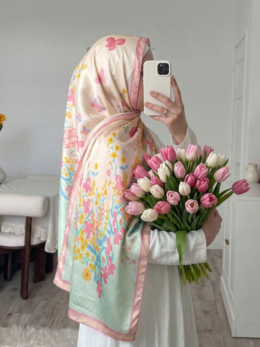 1件裝奢華時尚印花希賈布頭巾,復古緞面仿絲綢披肩,休閒防曬防風旅行穿搭配件 - 粉綠色 - 查看 1