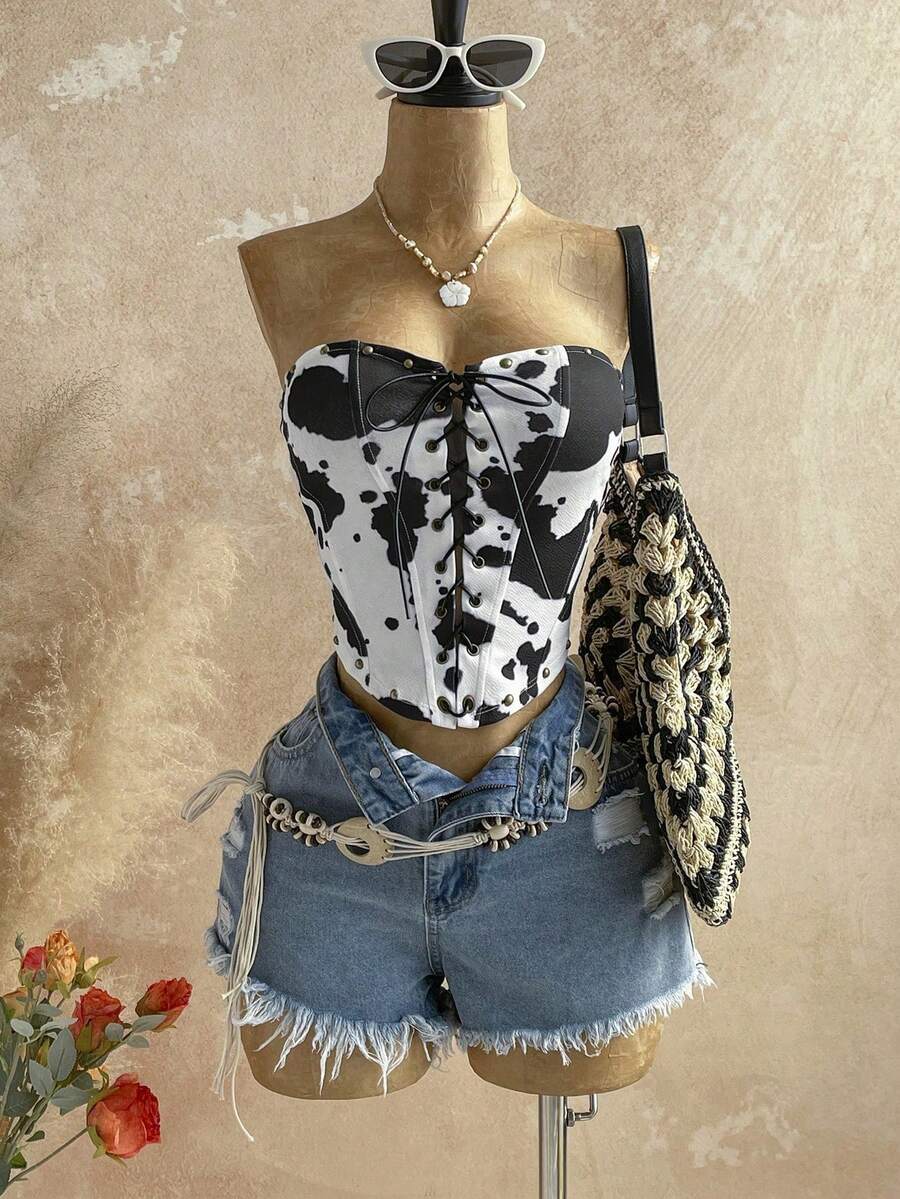 Top tubo de mujer con cordones de ante, remaches y diseño deconstructivo, adecuado para vacaciones, citas, té de la tarde, vacaciones, festivales de música, estilo bohemio, cruceros, - Multicolor 3 - Ver 1