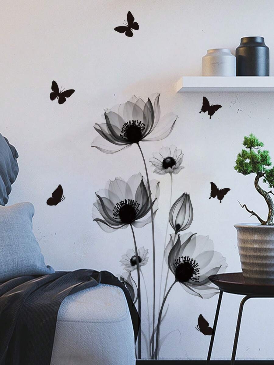 1pc Ink Wash Poppy Black Tone Translucent Floral Butterfly Wall Decor Sticker, Removable Room Wall Decal For Bedroom, Living Room, Entryway - 1PC - View 1