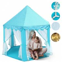 Kids Play Tent Princess Castle, Outdoor Indoor Playhouse With Star String Lights, Portable Castle Tent For Girls Gift, Pink/Blue, Easy Assembly - LJSW-blue - View 9