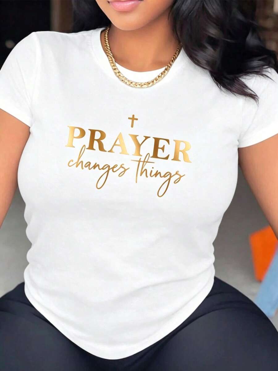Camiseta con estampado degradado de letras en inglés para primavera y verano, camisetas gráficas con la frase "PRAYER Changes Things" para mujer. - Blanco - Ver 1