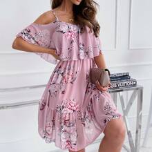 New Sexy Printed Chiffon Off-The-Shoulder Fashion Dress For Spring. - Burgundy - View 7