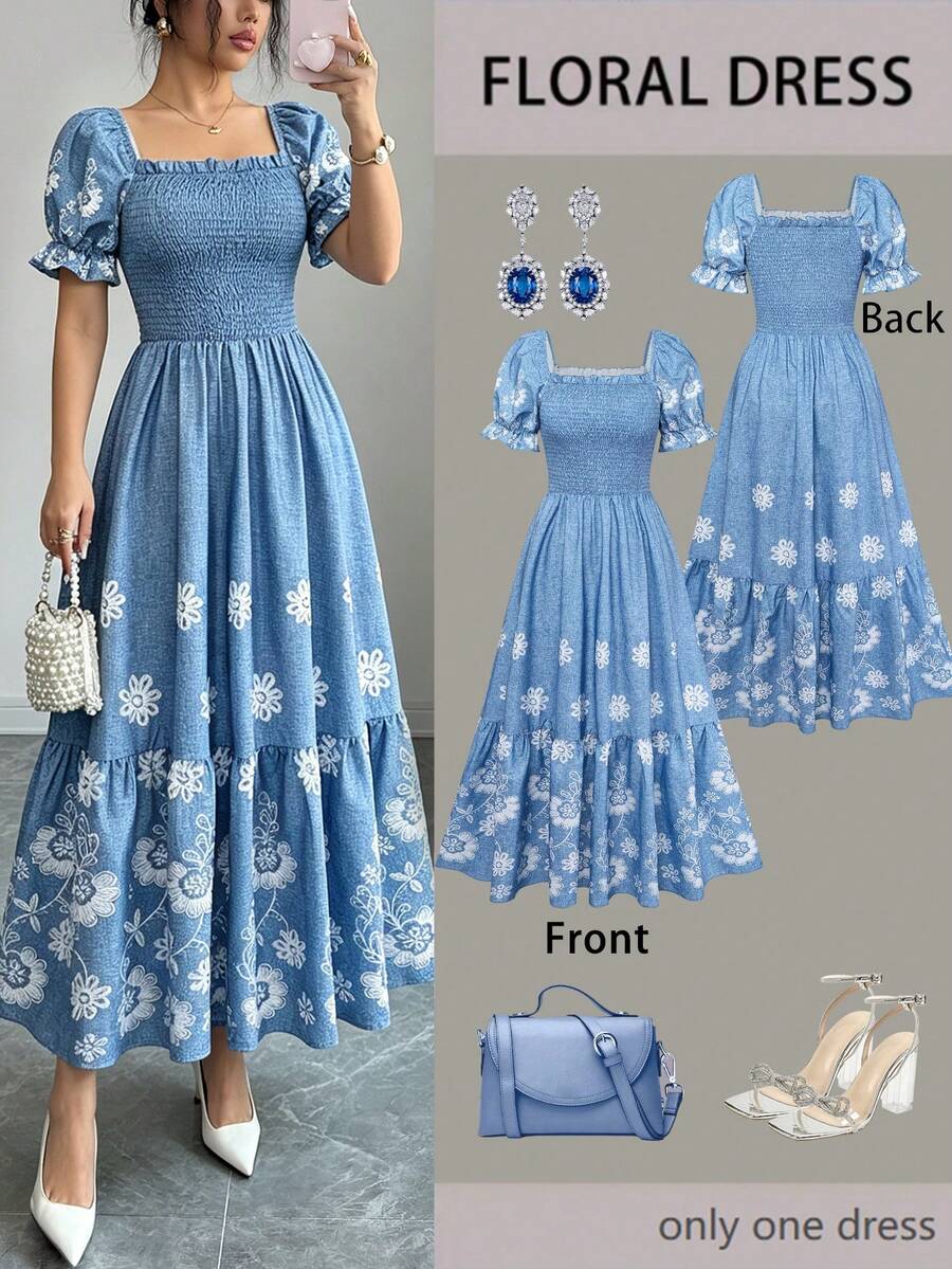 女款夏季度假花卉亮色印花收腰拼接洋裝,優雅風格 - 藍白色 - 查看 1
