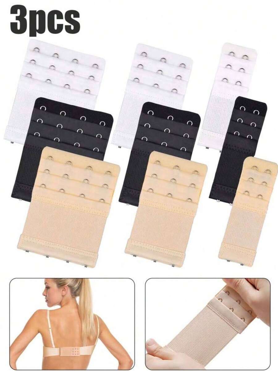 3pcs/Set Women's Bra Extender, 2-Hook/3-Hook/4-Hook Optional, Soft Elastic Back Bra Extender, Bra Extender, Women's Lingerie Bra Hook Extender, Elastic Adjustable Shoulder Strap Extender, Soft Lingerie Accessories, Multiple Colors Available, Comfortable Fit