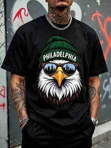 Men's Loose Fit T-Shirt, Bald Eagle Print With Green Wool Hat "Philadelphia" And City Silhouette Glasses, Short Sleeve T-Shirt American Urban Streetwear Style. - 黑色 - 查看 6