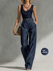 New Spring/Summer High Waist Pleated Wide Leg Casual Versatile Straight Leg Pants, Autumn Essential - Blue - View 1