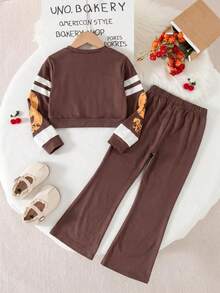 2pcs/Set Girls American Vintage Casual Outfit, Spring/Autumn Digital Print Contrast Color Long Sleeve Top, High Waist Flared Pants - Brown - View 3