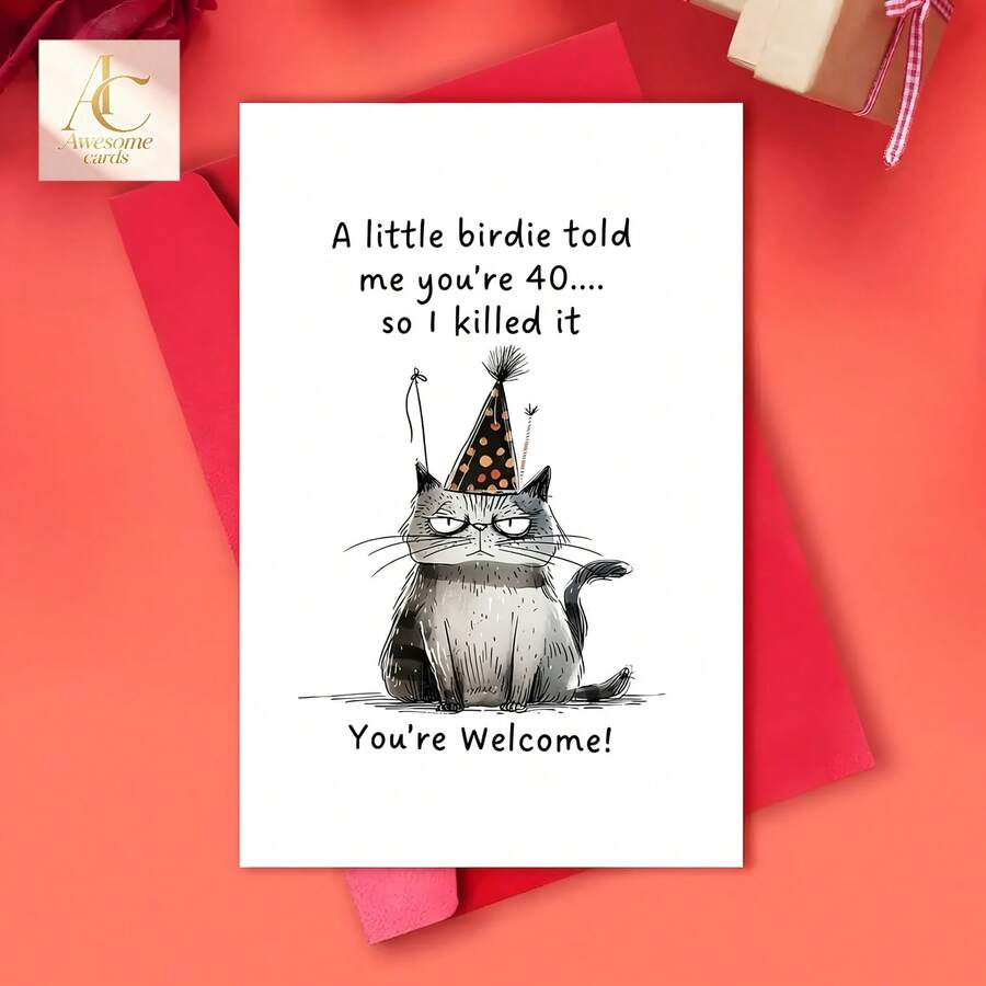 A Humorous 40th Birthday Card - High-Quality Card Featuring A Funny Kitten Design, Suitable For Family, Friends, And Businesses, A Unique Birthday Decoration, Thank You Cardreciation, Teacher Thank-You Gifts | Vibrant Card - One Size Fits All - View 1