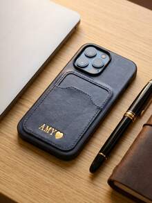 Personalisierte Goldfolie individueller Text Vintage Kunstleder Kartenfach Handyhülle kompatibel mit iPhone 15 16 17 Pro Max mit Kartenaufbewahrungstasche vollständiger großer Kameraausschnitt stoßfest sturzsicher schützende Handyhülle für Frauen Männer Studenten GeschäftsPaar weit verbreitet im täglichen Leben Arbeit Reisen Dating Geburtstag Jahrestag Geschenk Szenen - marineblau - Übersicht 5