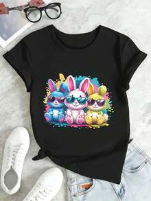Camiseta de mujer con estampado de conejito colorido, de algodón suave, cuello redondo, corte relajado, cómoda y con un dise?o llamativo. - Negro - Ver 2