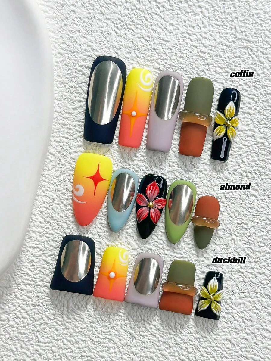 10pcs Gal Style Handmade Press-On Nails, Polygel Nail Art Set, Yellow Green Red Floral, Matte Texture, Red Yellow Blue Black Nail Polish Colors, Minimalist Style, Includes Nail Tools, 3 Sizes Available, Almond/Duck/Coffin Shape, Suitable For Party, Dancing, Daily Wear - 彩色 - 查看 1