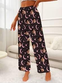 Custom Women Pet Face Moon Star Heart Pattern Women'S Home Sleep Pants, Personalized Gift For Daily Home Casual Wear, Valentine'S Day, Anniversary - Multicolor - View 3