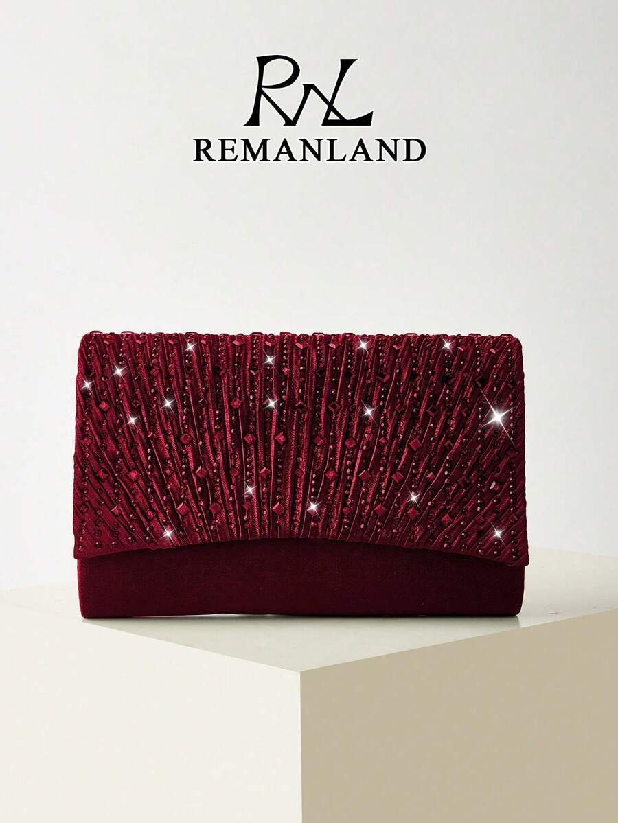 REMANLAND Shiny Evening Clutch, Burgundy Rhinestone Decorated Square Handbag, Metal Chain Shoulder Strap, Fashionable Elegant Evening Bag, Classic Formal Party Wedding Bridal Clutch, Suitable For Formal Occasions, Parties, Weddings, Music Festivals, Women's Gift - Burgundy - View 1