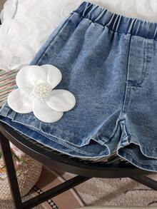 2pcs Setelan Anak Perempuan Gaya Putri Manis dengan Hiasan Pita Besar 3D, Atasan Tank Tanpa Lengan Model Halter Jala & Celana Pendek Denim Pinggang Elastis Berhiaskan Manik-manik dan Bunga, Musim Panas - Putih - View 7