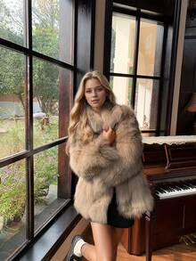 Women's Elegant Luxury Faux Fur Coat With Lapel Collar, Suitable For Winter Parties, Formal Dinners, Daily Outings - Camel - View 3