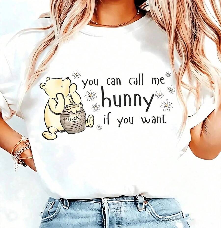 Youth T-Shirt With Honey Bear Print, Short Sleeve, Casual Streetwear, Japanese Kawaii Urban Style, Daily Wear, Summer Retro - 白色 - 查看 1