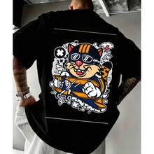 Men's Airplane Pilot Cat T-Shirt With Glasses And Cap, Black With Colorful Design, Regular Fit, Crew Neck, Short Sleeve, Urban Style, Summer, High Quality Cotton - 黑色 - 查看 1