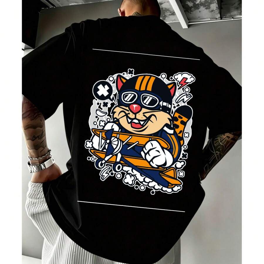 Men's Airplane Pilot Cat T-Shirt With Glasses And Cap, Black With Colorful Design, Regular Fit, Crew Neck, Short Sleeve, Urban Style, Summer, High Quality Cotton - 黑色 - 查看 1