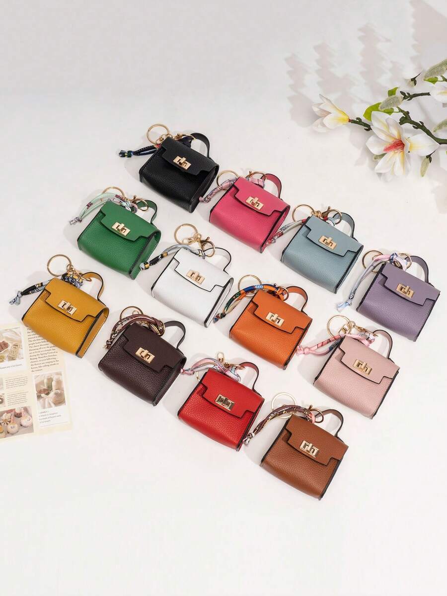 Móc khóa túi xách mini dễ thương CHARM INFINITE, ví nhỏ bằng da PU khóa xoay có trang trí khăn quàng cổ, hộp đựng tai nghe di động và ví đựng tiền xu.