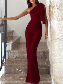 Mono asimétrico y elegante de hombros descubiertos y cintura alta para mujer|, ajustado, elegante, adecuado para fiestas, uso casual y atuendos de discoteca en verano - Burdeos - Ver 1