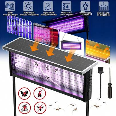Exterminador de insectos solar y enchufable de doble alimentación, trampa para insectos con sensor de luz inteligente UV púrpura, lámpara matamosquitos 2 en 1 resistente al agua y al óxido para colgar y estaca, trampa física para moscas sin químicos con cepillo de limpieza para patio, jardín o granja.
