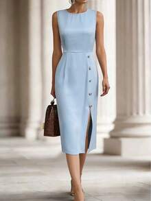 Women's Long Blazer Jacket And Solid Color Elegant Dress 2 Pieces Set, Front Button Closure, Office Wear - Blue - View 5