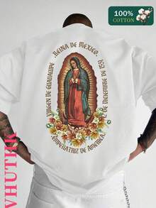 Camiseta de algodón puro (220) para hombre, de verano, cuello redondo, manga corta, informal, con estampado de algodón puro. - Blanco - Ver 1