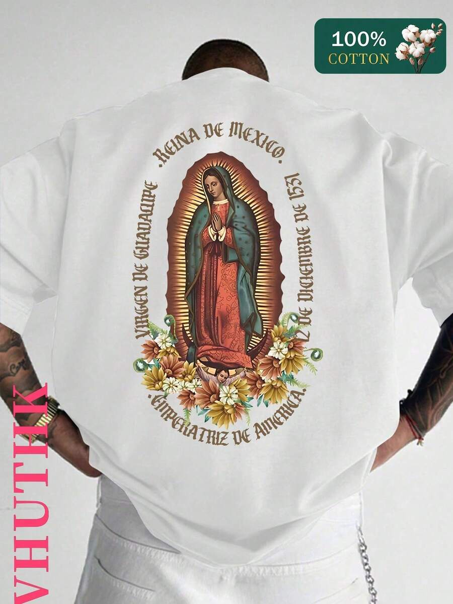 Camiseta de algodón puro (220) para hombre, de verano, cuello redondo, manga corta, informal, con estampado de algodón puro. - Blanco - Ver 1