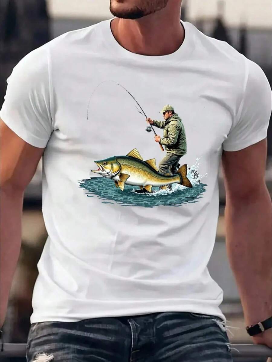 Men's Summer T-Shirt, Plus Size, With Fishing Print, Jumping Fish And Fisherman, Casual Short Sleeve T-Shirt, Modern Urban Clothing For Men - 粉色 - 查看 1