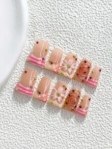 10pcs Korean Sweet Handmade Press-On Nails, Polygel Nail Art Set, Pink Five-Petal Flower, Stripes, Round Rhinestones, Pink Nail Polish, Minimalist Style, Includes Nail Tools, 3 Sizes Available, Almond/Duck/Coffin Shape, Suitable For Party, Dancing, Daily Wear - 彩色 - 查看 18