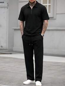 Men's Vintage Textured Casual Solid Color Drawstring Short Sleeve Top And Long Pants 2-Piece Set - Black - View 2