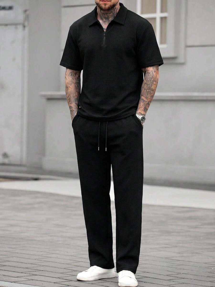 Men's Vintage Textured Casual Solid Color Drawstring Short Sleeve Top And Long Pants 2-Piece Set - Black - View 1