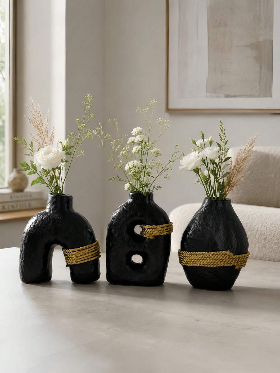 1pc/3pcs Black Abstract Vase With Gold Rope Decoration, Modern Minimalist Textured Bohemian Japanese Style Living Room Coffee Table Decor - 296 Black - View 1