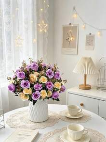 1 pieza Ramo de rosas artificiales, plantas falsas, flores artificiales, para decoración del hogar, decoración de bodas, decoración de primavera, decoración de habitaciones, suministros de cocina, restaurante, decoración de dormitorios, decoración del Día de San Valentín, decoración de Año Nuevo - Morado - Ver 5