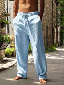 Pantalones largos casuales sueltos de lino tejido liso para hombres, adecuados para primavera/otoño y verano - verde hierba - Ver 12