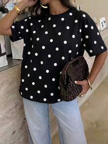 Vaiaye 女士宽松圆领休闲T恤，波点拼接修身短袖T恤，春夏宽松版型，适合情人节假期穿着 - 蒙特內哥羅 - 查看 10