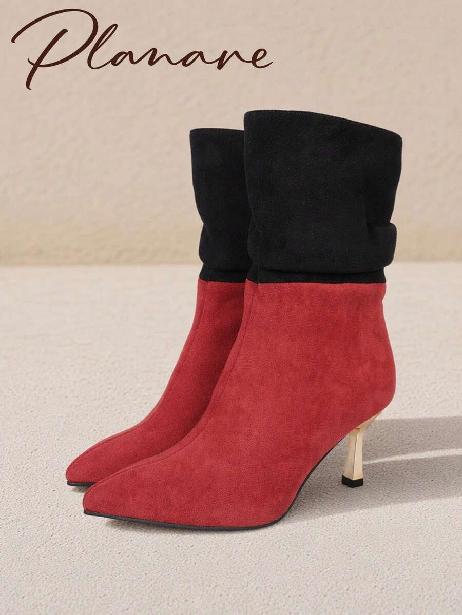 planare Women's New Fashion Casual Ruched Pointed Toe Slip-On Motorcycle Boots Western Boots Stiletto High Heel Mid-Calf Ankle Boots Winter Fashion Boots