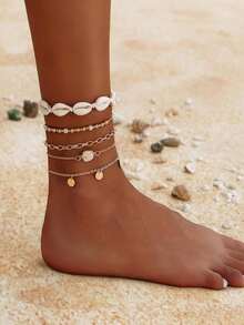 /piezas de pulseras de tobillo bohemias con cuentas de concha, elásticas ajustables con dijes de estrella de mar, joyeríde playa en capas para mujer, para usar en vacaciones de verano. - W5A - Ver 8