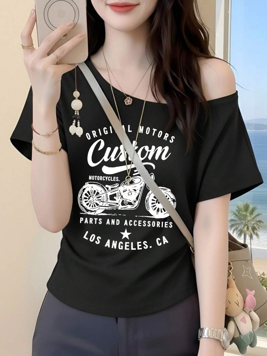 白色露肩短袖女款夏季新款美式復古風摩托車印花修身短版上衣,黑色美式休閒風 - 黑色 - 查看 1
