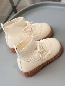 Girls' Soft Sole Comfortable Lace Bow Sock-Style Ankle Boots, Fashion Soft Sole Knitted Lace-Up Mary Jane Shoes - Beige - View 3