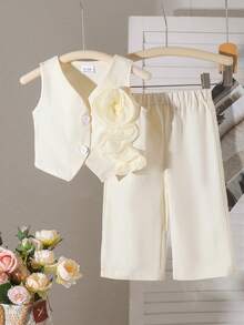 2pcs Baby Girls Elegant Floral Decor Sleeveless Top And Matching Straight Pants Set, Suitable For Party And Birthday Occasions, Summer - Apricot - View 4